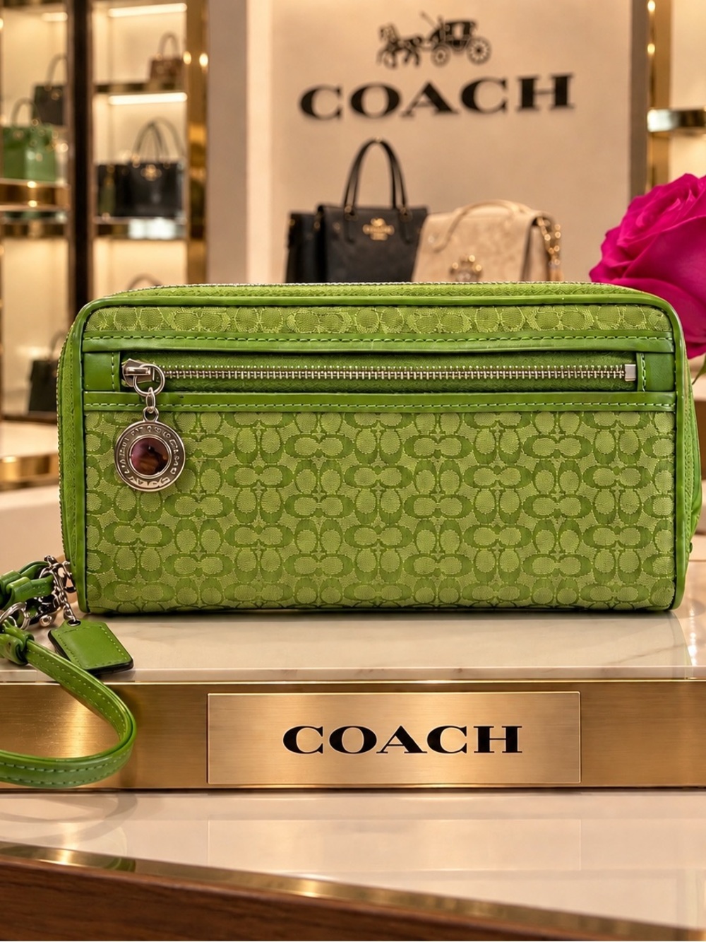 COACH Lime Green Signature Wristlet Clutch